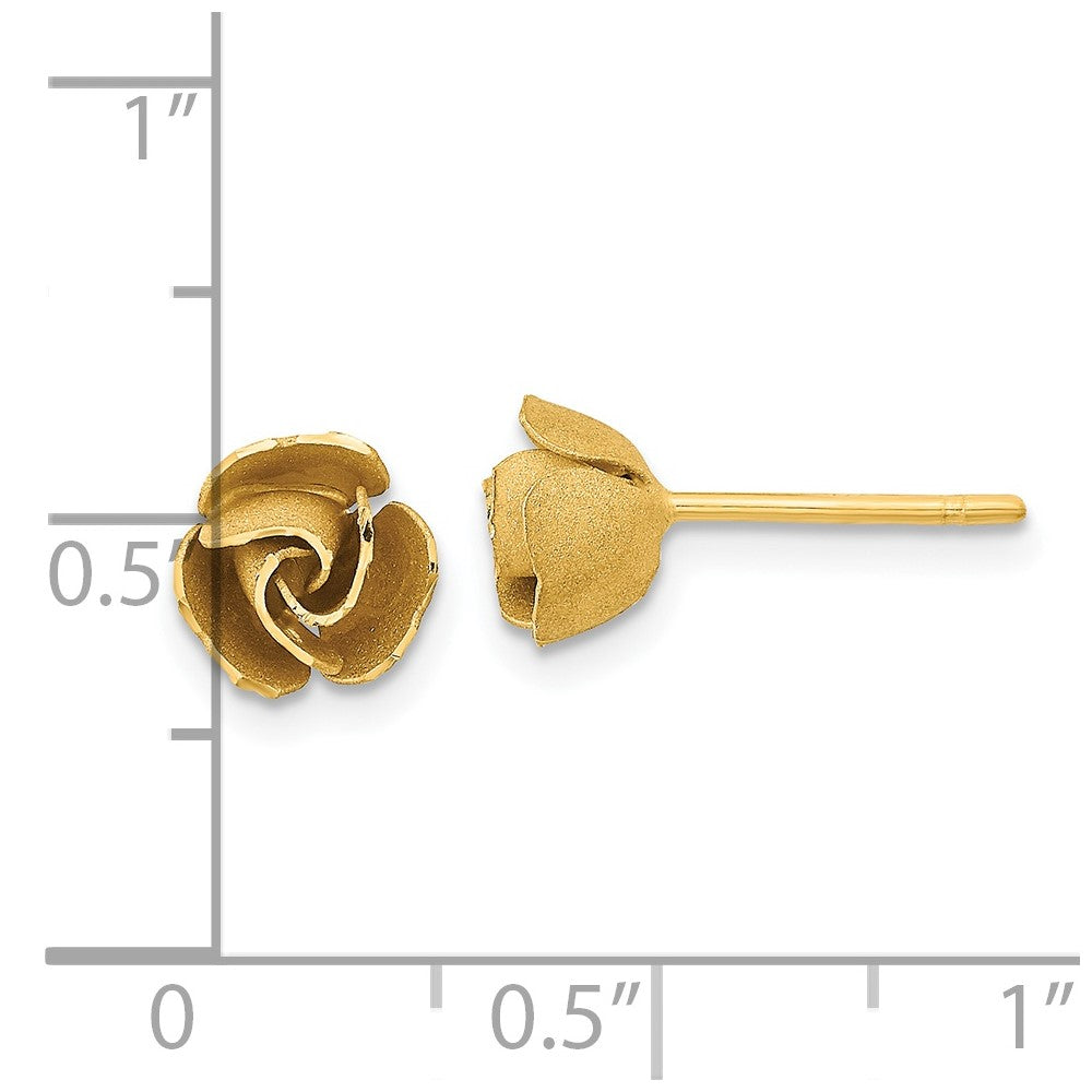 14K Yellow Gold Satin Finish Diamond-cut Rose Flower Post Earrings