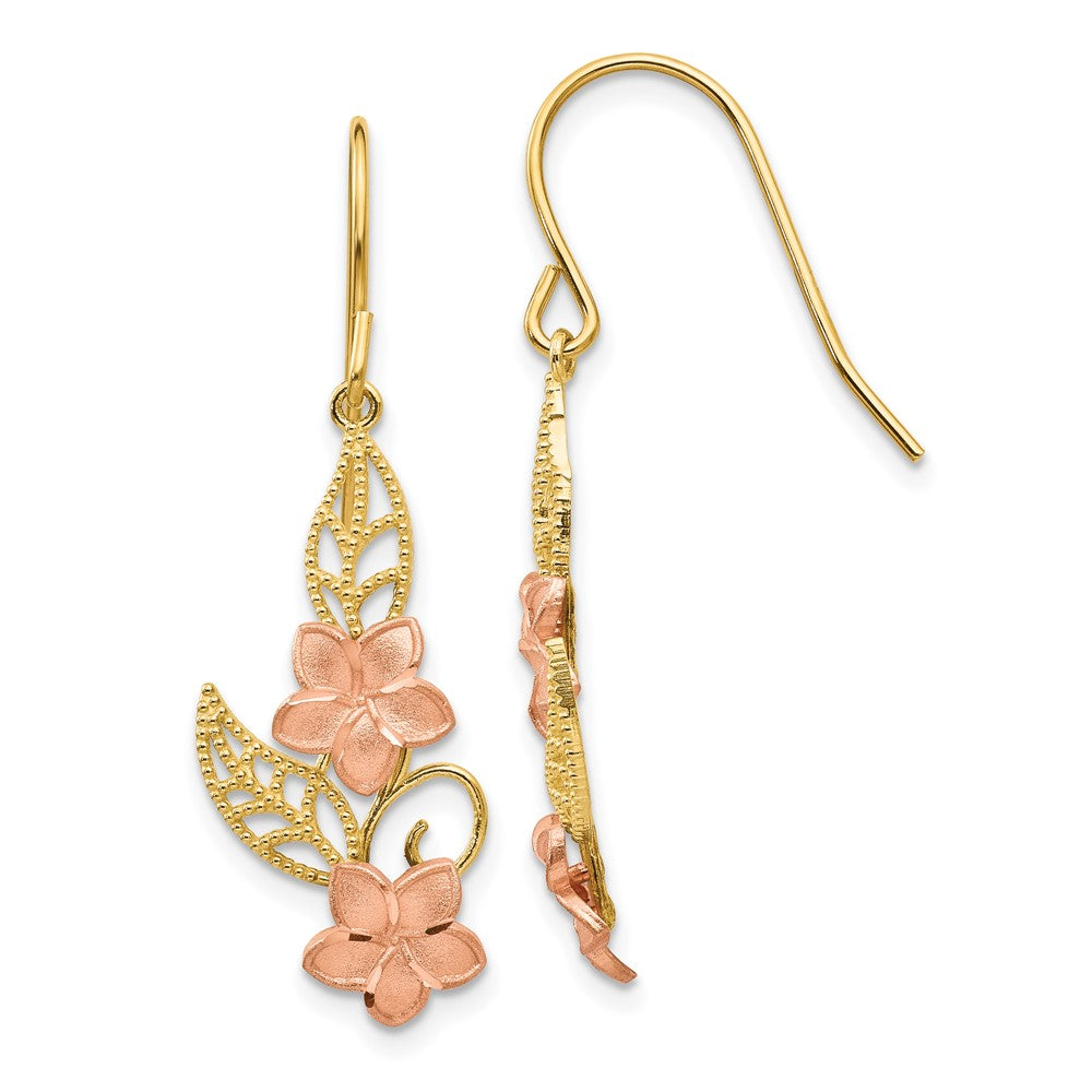 14K Two-Tone Gold Fancy Plumeria Dangle Earrings