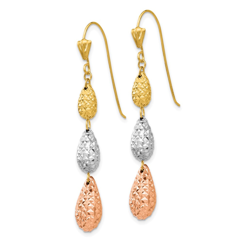 14K Tri-Color Gold Puff Diamond-cut Teardrop Dangle Earrings
