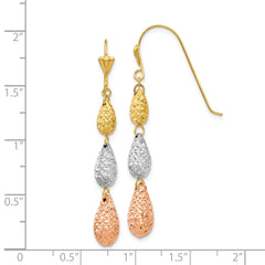 14K Tri-Color Gold Puff Diamond-cut Teardrop Dangle Earrings