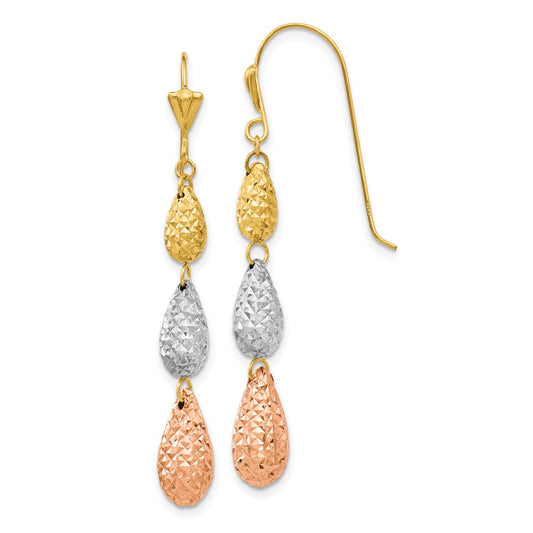 14K Tri-Color Gold Puff Diamond-cut Teardrop Dangle Earrings
