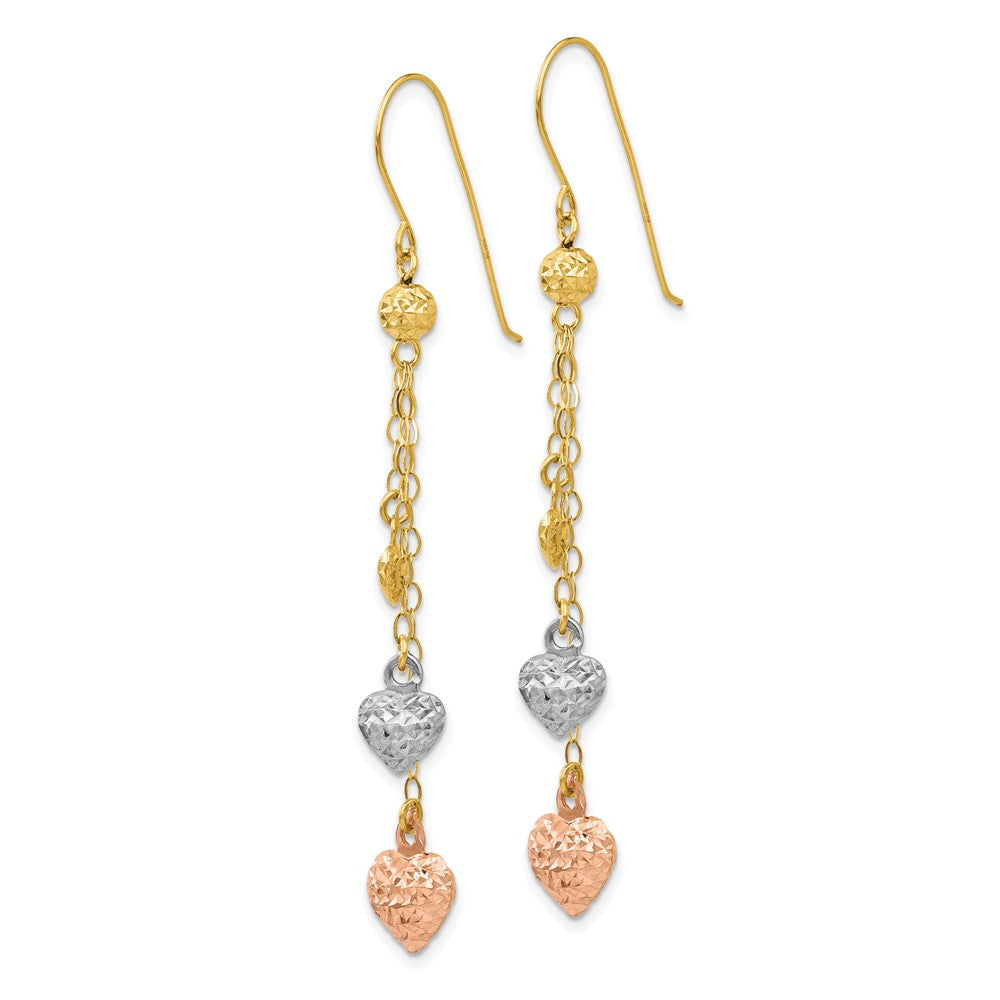 14K Tri-Color Gold Puff Heart Dangle Earrings