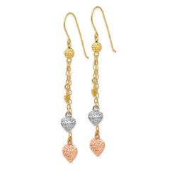 14K Tri-Color Gold Puff Heart Dangle Earrings