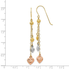 14K Tri-Color Gold Puff Heart Dangle Earrings