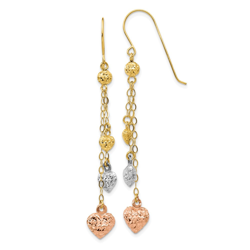 14K Tri-Color Gold Puff Heart Dangle Earrings