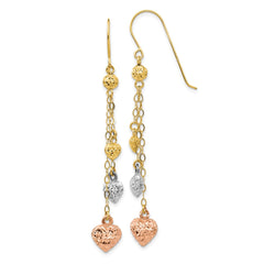 14K Tri-Color Gold Puff Heart Dangle Earrings