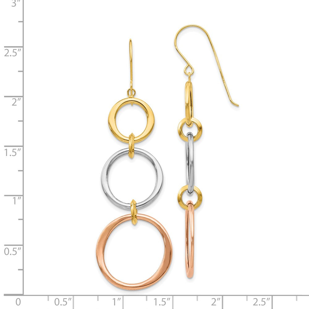 14K Tri-Color Gold Triple Circle Dangle Earrings