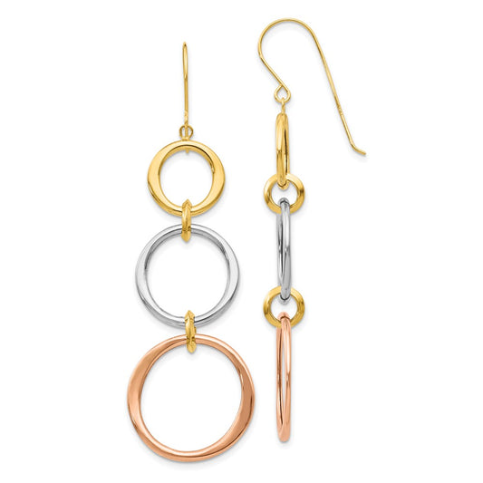 14K Tri-Color Gold Triple Circle Dangle Earrings