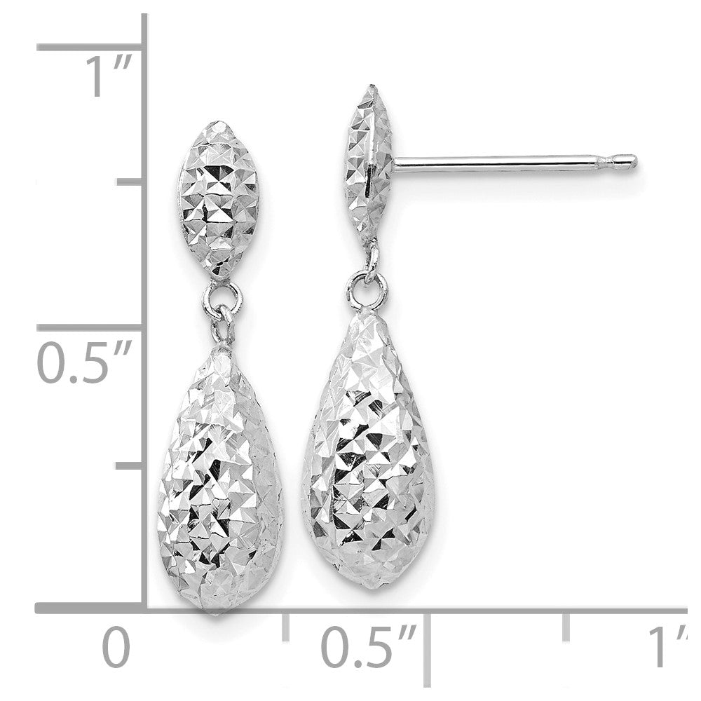 14K White Gold Diamond-cut Puff Teardrop Dangle Earrings