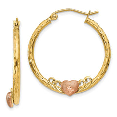 14K Yellow & Rose Gold Heart Diamond-cut Hoop Earrings