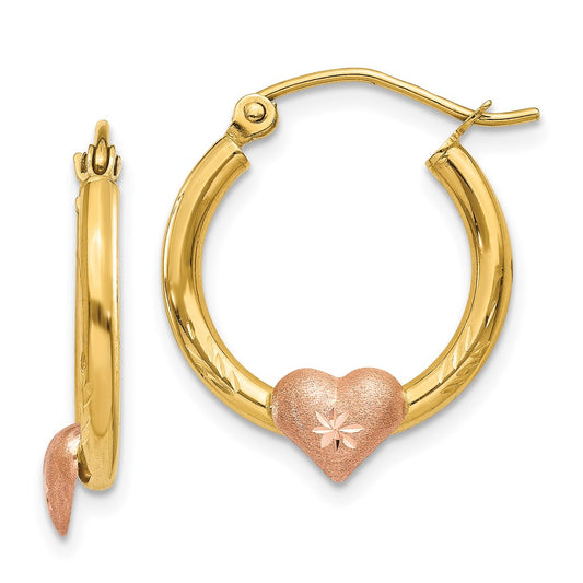 14K Yellow & Rose Gold Heart Diamond-cut Hoop Earrings