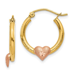 14K Yellow & Rose Gold Heart Diamond-cut Hoop Earrings