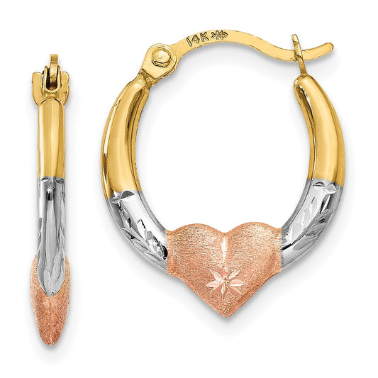 14K Tri-Color Gold Heart Hoop Earrings
