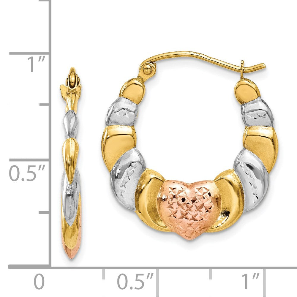 14K Tri-Color Gold Scalloped Heart Hoop Earrings