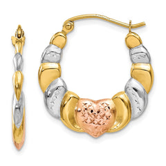 14K Tri-Color Gold Scalloped Heart Hoop Earrings