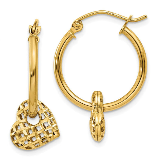 14K Yellow Gold Moveable Heart Hoop Earrings