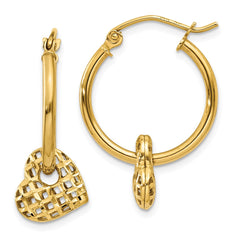 14K Yellow Gold Moveable Heart Hoop Earrings