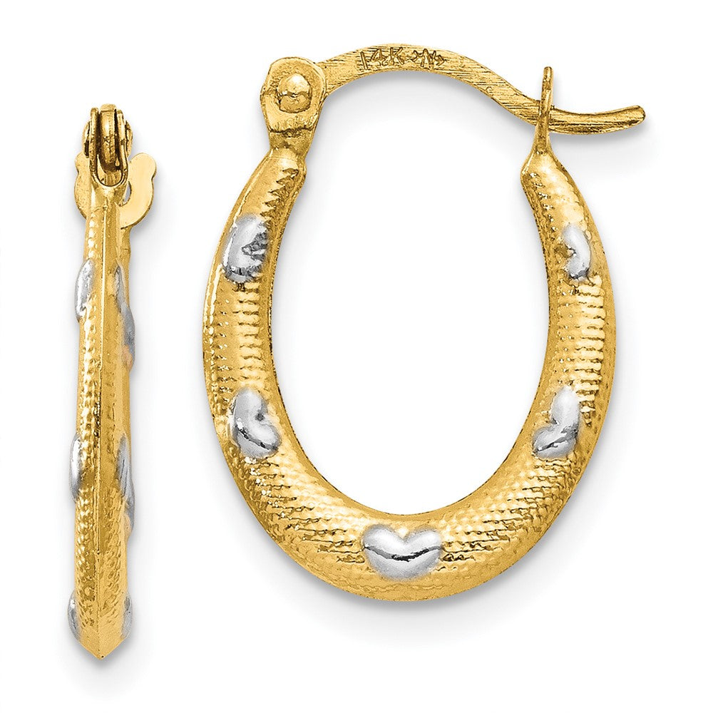 14K Two-Tone Gold Textured Hollow Oval with Hearts Hoop Earrings