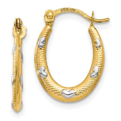 14K Two-Tone Gold Textured Hollow Oval with Hearts Hoop Earrings