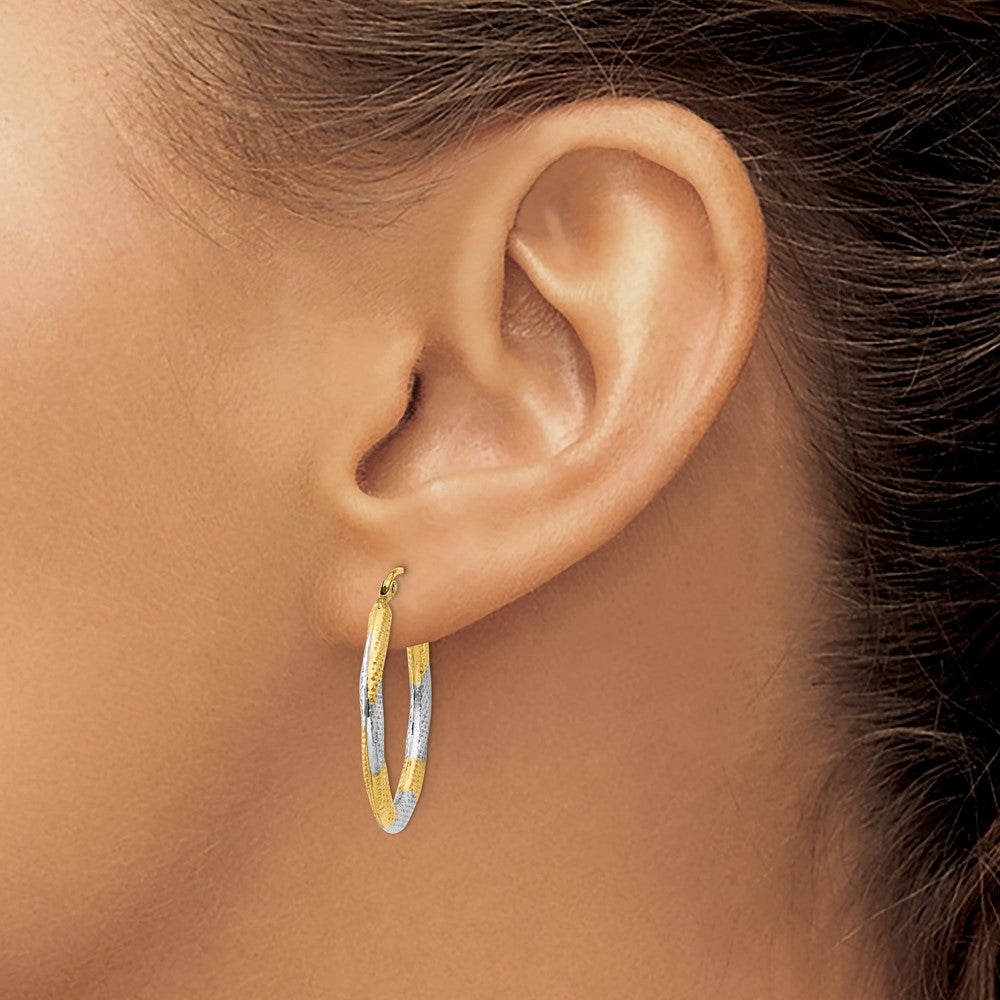 14K Two-Tone Gold Textured Hollow Oval Hoop Earrings
