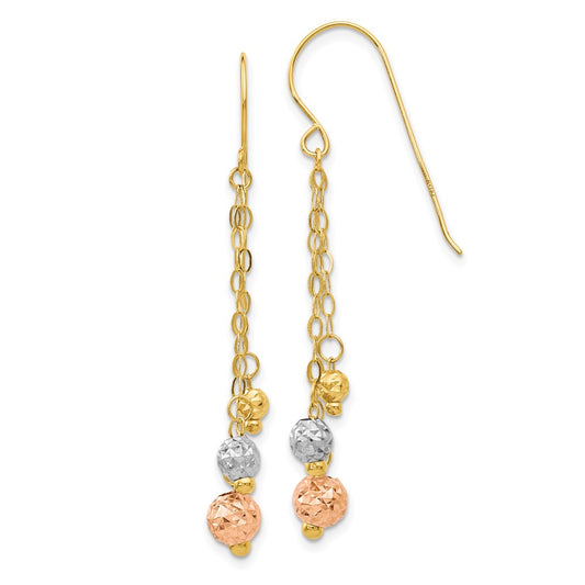 14K Tri-Color Gold with Diamond-cut Beads Dangle Earrings