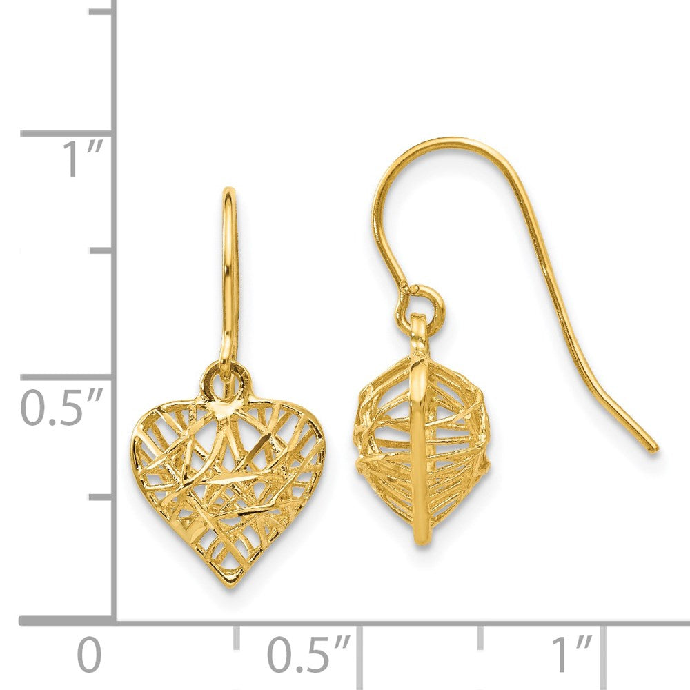 14K Yellow Gold Diamond-cut Puffed Heart Dangle Earrings