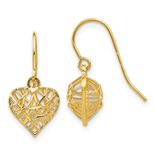 14K Yellow Gold Diamond-cut Puffed Heart Dangle Earrings