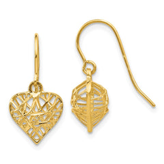 14K Yellow Gold Diamond-cut Puffed Heart Dangle Earrings