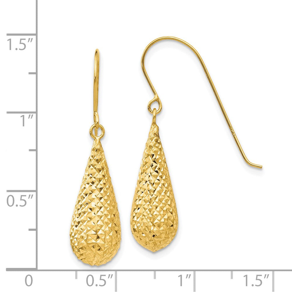 14K Yellow Gold Diamond-cut Puff Tear Drop Dangle Earrings