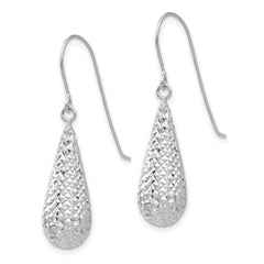 14K White Gold Diamond-cut Puff Tear Drop Dangle Earrings
