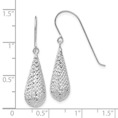 14K White Gold Diamond-cut Puff Tear Drop Dangle Earrings
