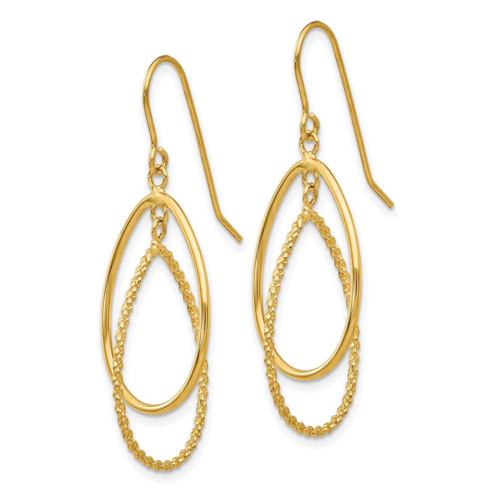 14K Yellow Gold Polished and Textured Ovals Dangle Earrings