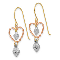 14K Tri-Color Gold Diamond-cut Heart Dangle Earrings