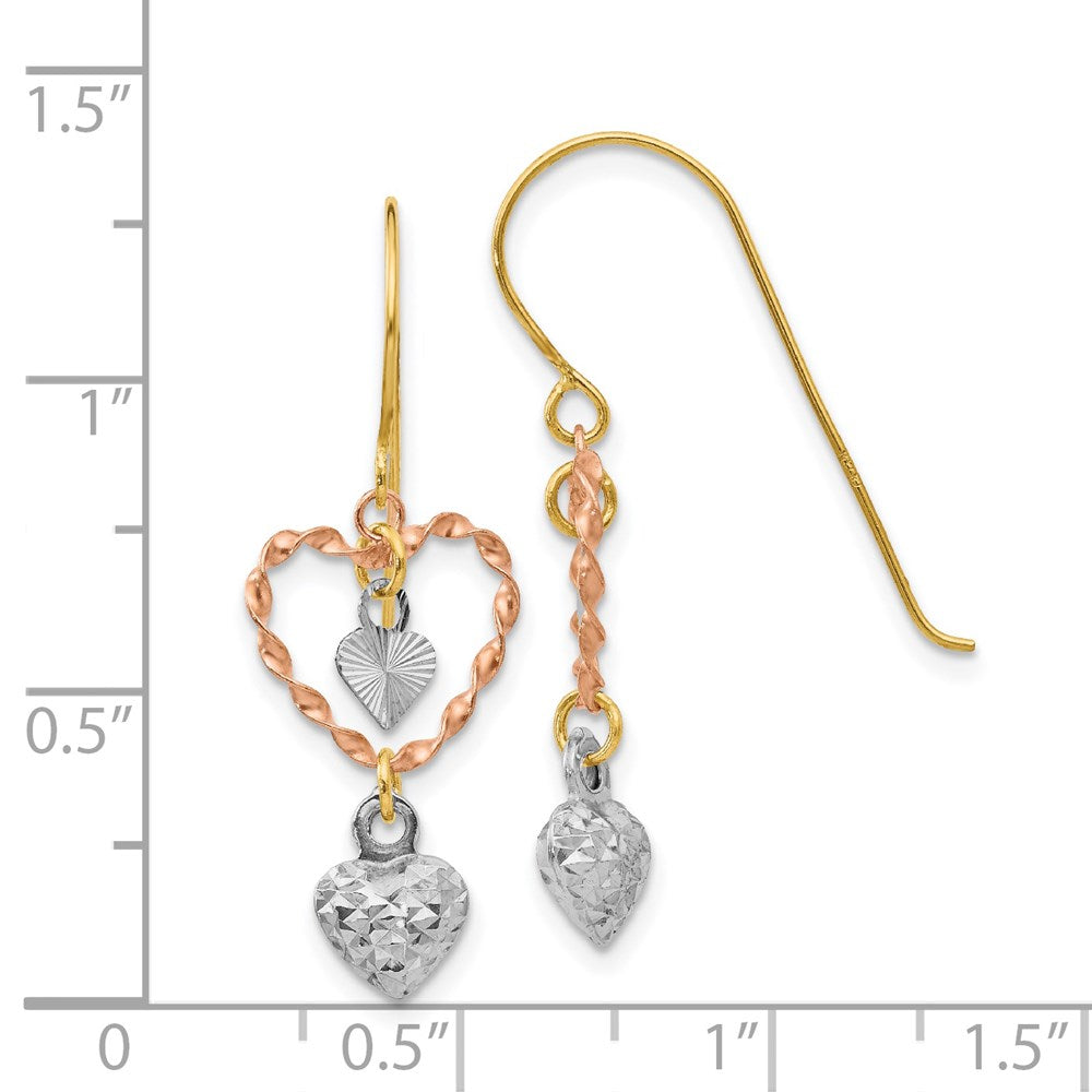 14K Tri-Color Gold Diamond-cut Heart Dangle Earrings