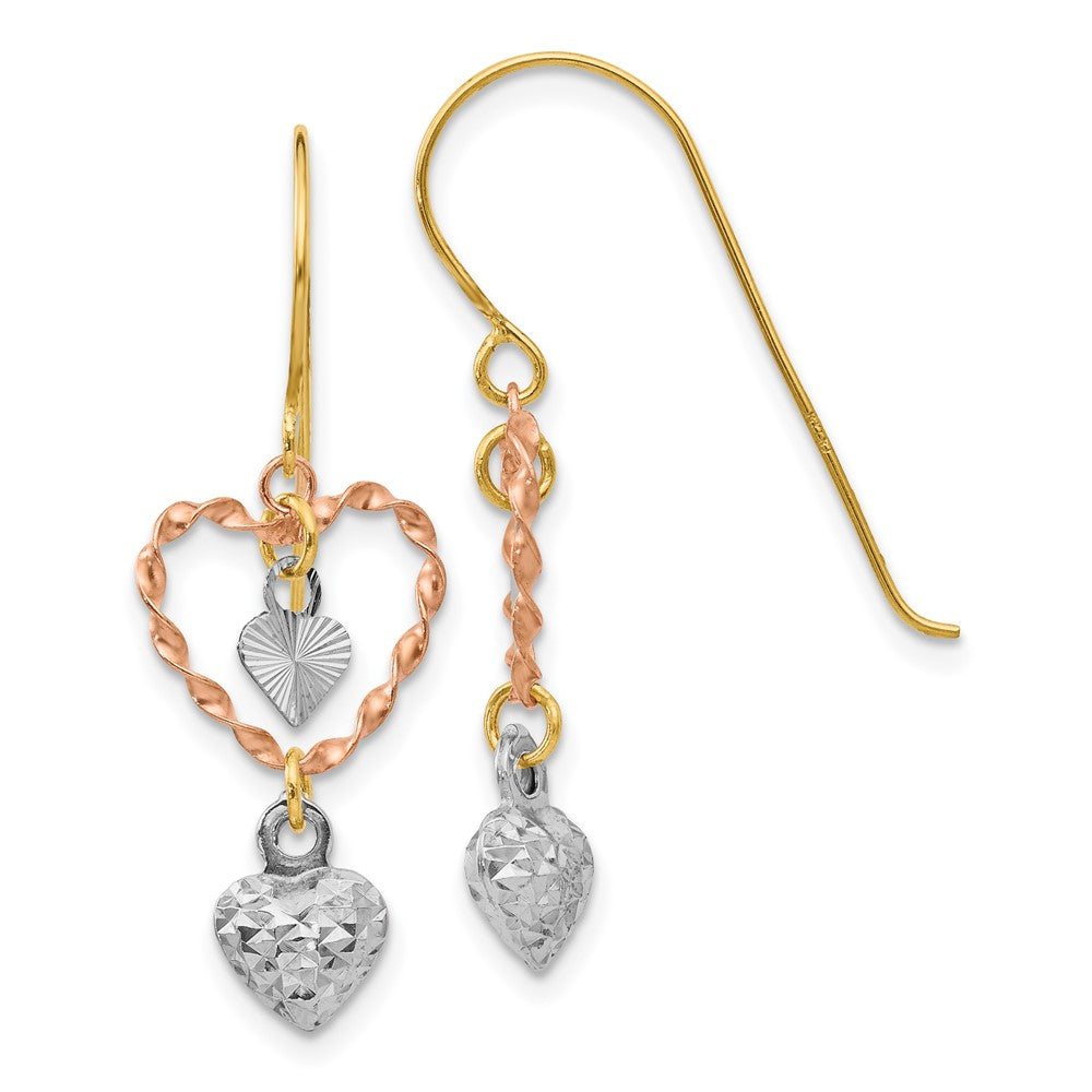 14K Tri-Color Gold Diamond-cut Heart Dangle Earrings
