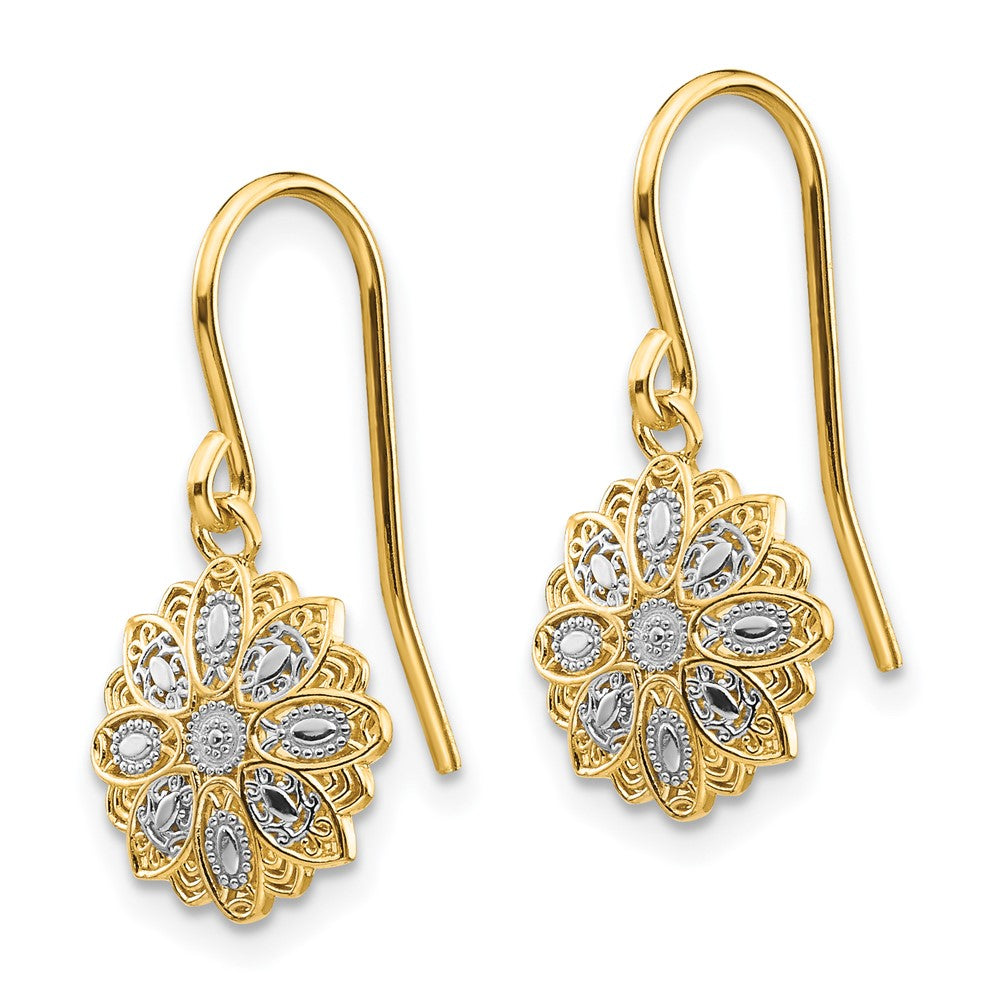 14K Two-Tone Gold Diamond-cut Polished Fancy Dangle Earrings