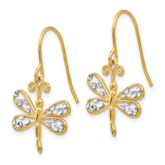 14K Two-Tone Gold Diamond-cut Dragonfly Shepherd Hook Earrings