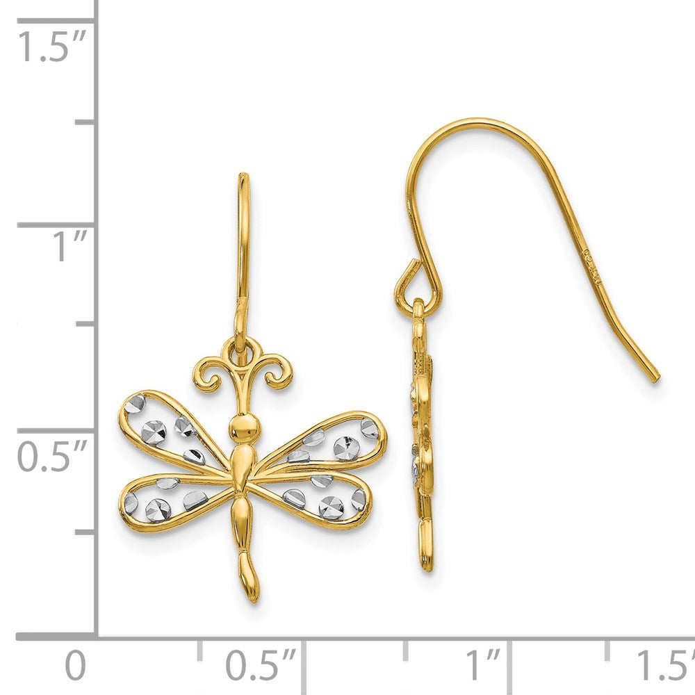 14K Two-Tone Gold Diamond-cut Dragonfly Shepherd Hook Earrings