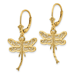 14K Yellow Gold Dragonfly with Filigree Wings Leverback Earrings