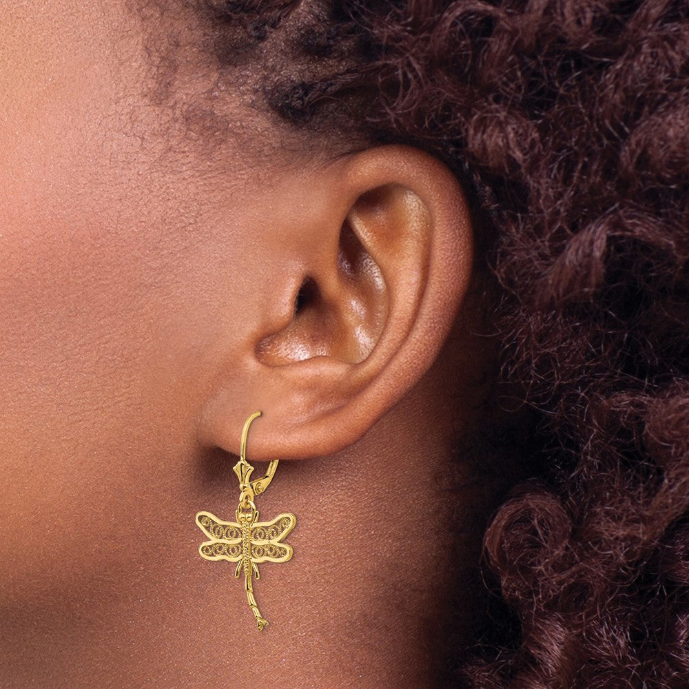 14K Yellow Gold Dragonfly with Filigree Wings Leverback Earrings