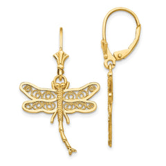 14K Yellow Gold Dragonfly with Filigree Wings Leverback Earrings
