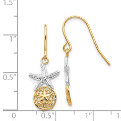 14K Two-Tone Gold Starfish with Sand Dollar Shepherd Hook Earrings
