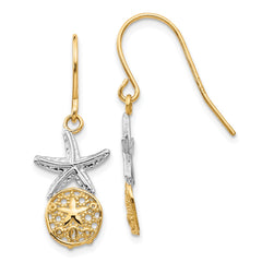 14K Two-Tone Gold Starfish with Sand Dollar Shepherd Hook Earrings