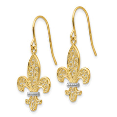 14K Two-Tone Gold Fleur de lis Shepherd Hook Earrings