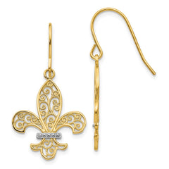 14K Two-Tone Gold Fleur de lis Shepherd Hook Earrings