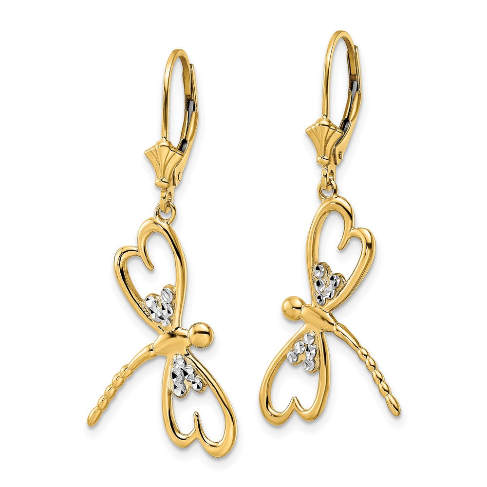 14K Two-Tone Gold Diamond-cut Dragonfly Leverback Earrings