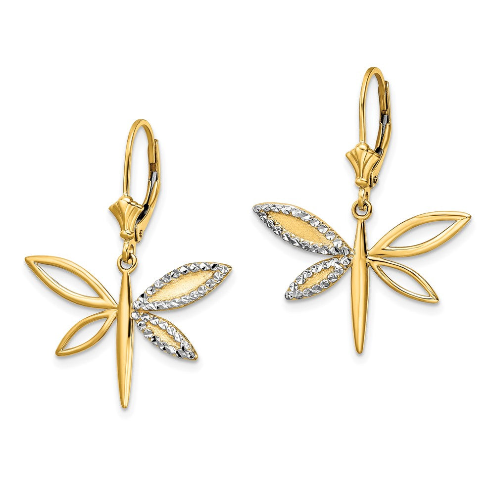14K Two-Tone Gold Diamond-cut Dragonfly Leverback Earrings