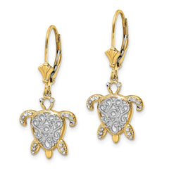 14K Two-Tone Gold Diamond-cut Filigree Turtle Leverback Earrings