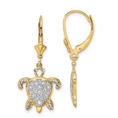 14K Two-Tone Gold Diamond-cut Filigree Turtle Leverback Earrings
