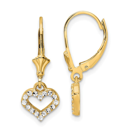 14K Two-Tone Gold Diamond-cut Heart Leverback Earrings